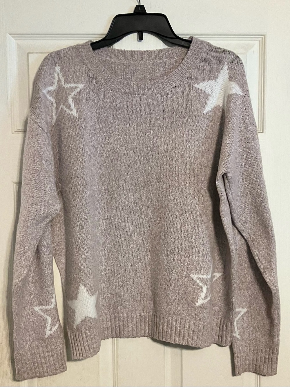 Taupe Knit Star Print Crewneck Oversized Pullover Sweater White Stars Size L